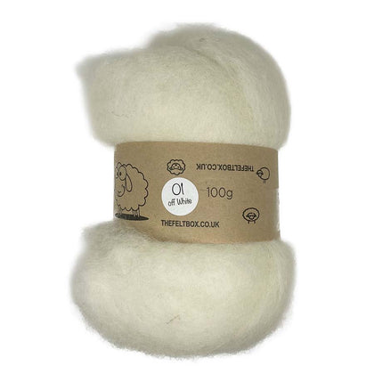 A bundle of carded wool batting in off white color, labeled as 100g pack with the brand 'THEFELTBOX.CO.UK'.