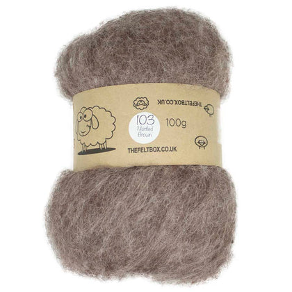 A bundle of carded wool batting in mottled brown color, labeled as 100g and marked with the brand TheFeltBox.co.uk.