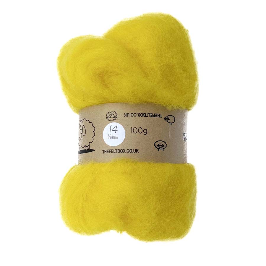 A bundle of yellow carded wool batting, packaged in a brown paper wrap with a label showing the felt box brand and product details.