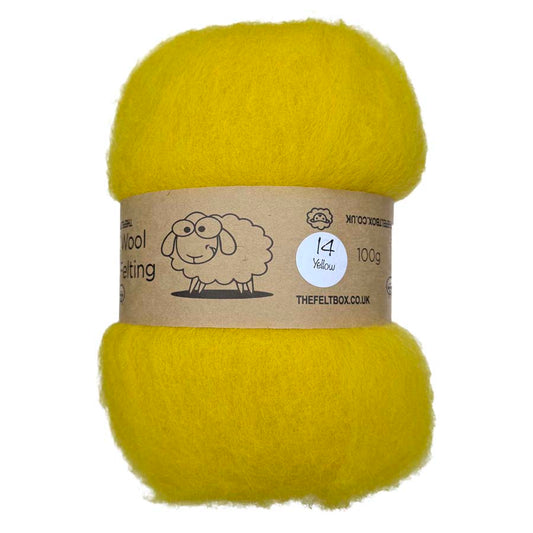 yellow carded wool for needle felting in a boudle with brown paper band around showing the feltbox branding