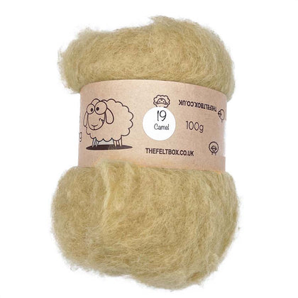 A bundle of carded NZ wool in camel color for needle felting, labeled as '19 Camel' and weighing 100g.