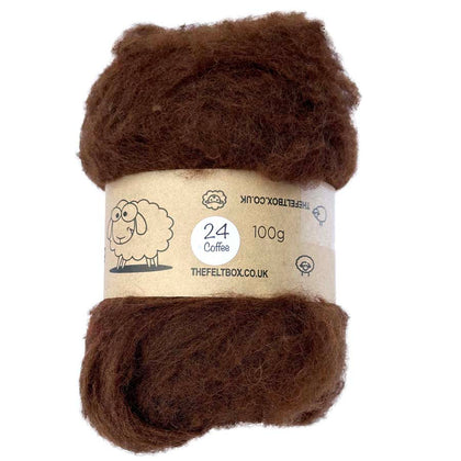 A bundle of carded wool batting in brown color, labeled as 'Coffee #24', 100g package for needle felting, with a sheep illustration on the tag.