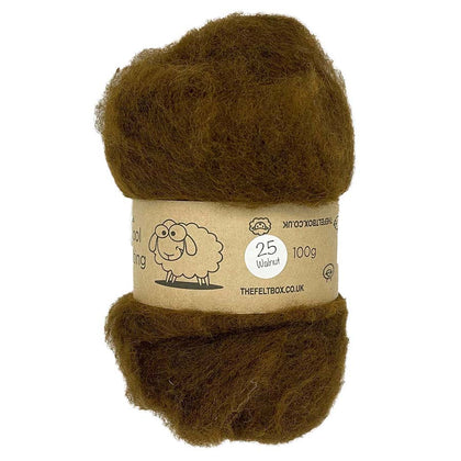 A bundle of carded wool batting in walnut brown color, with a label indicating it is 100% sheep wool and 100 grams.