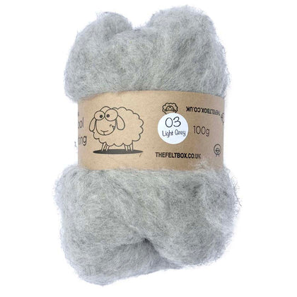A bundle of carded NZ wool in light grey color for needle felting, labeled as '03 Light Grey' and weighing 100g.