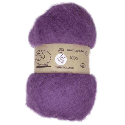 A carded wool batt in a purple color, with a label indicating it is 100% New Zealand wool