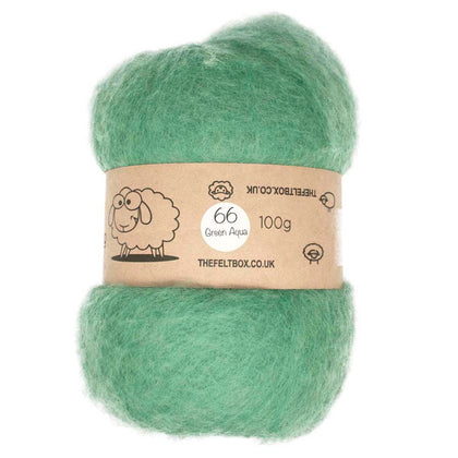 A carded bundle of green aqua colored wool batting, packaged with a label that indicates it is 100% New Zealand wool and 100g in weight.