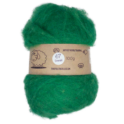 A carded batt of green wool fiber 100g weight, from The Felt Box.