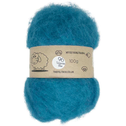 A carded bundle of turquoise blue wool batting, with a label indicating it is 100% New Zealand wool