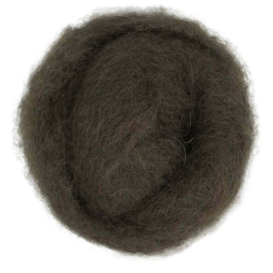 Beaver – Dusky dark brown shade of Maori carded wool with a natural earthy tone. 100g felting wool for needle felting, wet felting, and spinning. Works well as a base layer, strong core, or smooth finishing fibre.