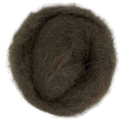 Beaver – Dusky dark brown shade of Maori carded wool with a natural earthy tone. 100g felting wool for needle felting, wet felting, and spinning. Works well as a base layer, strong core, or smooth finishing fibre.