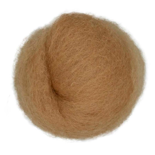 Bread – Light golden brown shade of Maori carded wool. 100g wool roving for needle felting, wet felting, and craft projects. Suitable as a base fibre, supportive core, or soft finishing layer.