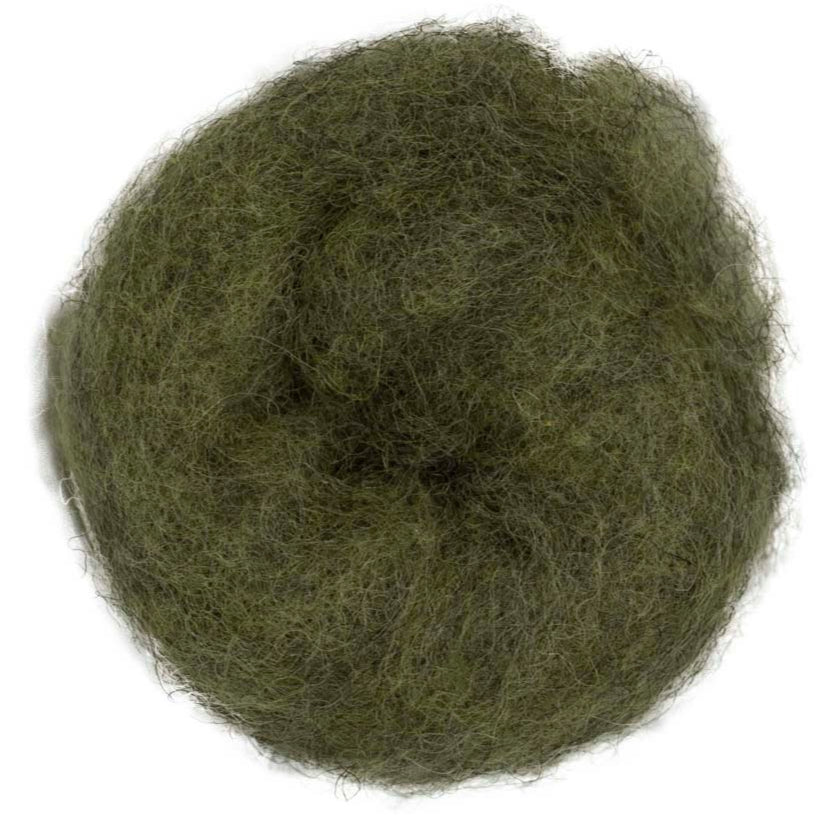 Brush – Muted earthy green melange shade of Maori carded wool with natural depth. 100g felting fibre for needle felting, wet felting, and spinning. Ideal as a base wool, firm core, or textured finishing layer.