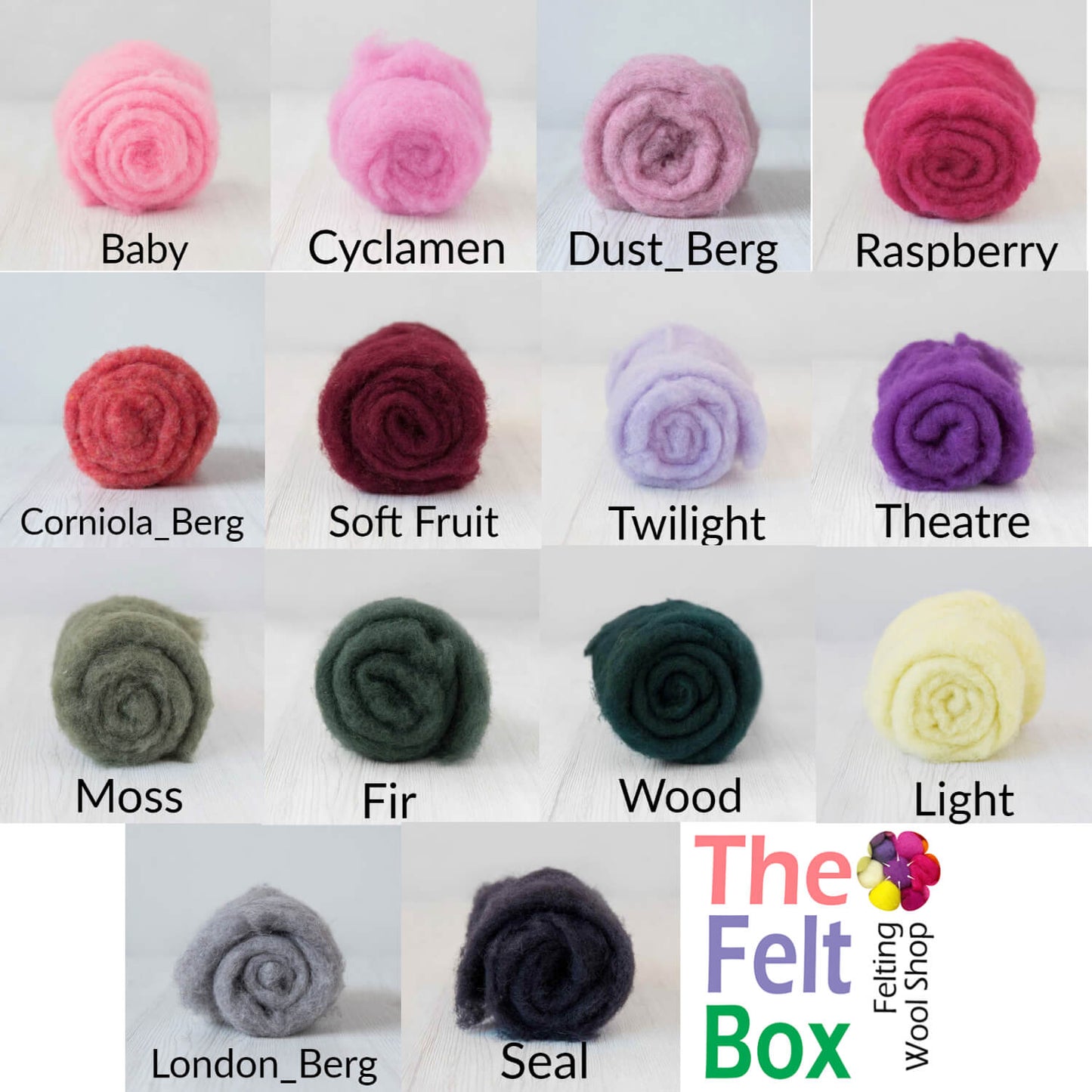 Maori carded wool colour chart – pink, purple, red and green shades for needle felting