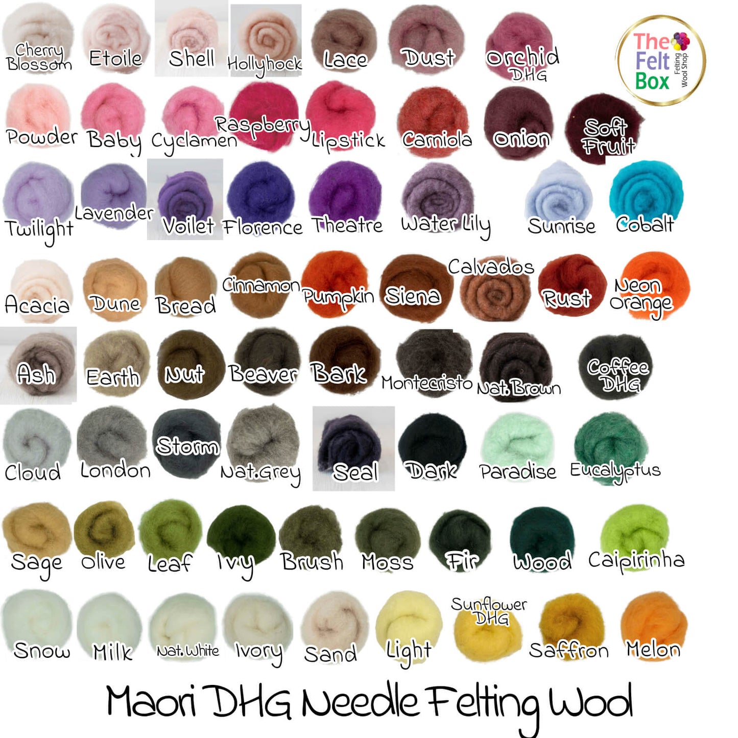 A color chart for Maori DHG needle felting wool showing a variety of color options.