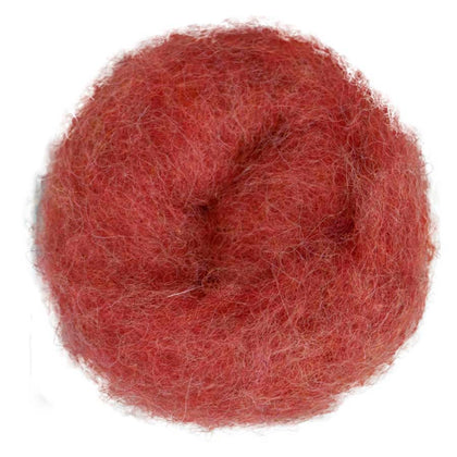 Corniola – warm coral-red shade of Maori carded wool. 100g felting fibre for needle felting, wet felting, and craft projects. Use as base wool, core fibre, or a smooth finishing layer.