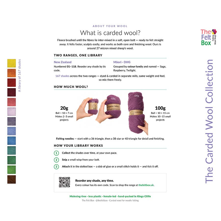 The Felt Box Colour Library collector card for tracking 167 carded wool shades