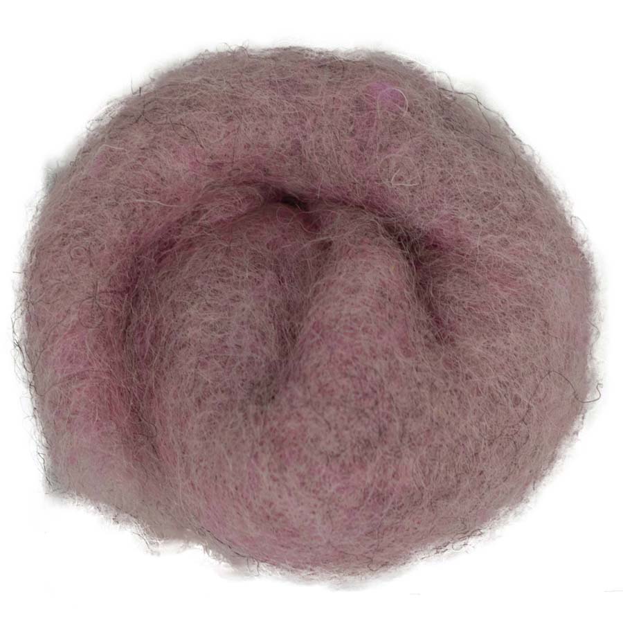 Dust – Soft dusty pink-grey melange shade of Maori carded wool with an organic feel. 100g felting wool for needle felting, wet felting, and craft projects. Ideal as a base fibre, supportive core, or subtle finishing layer.