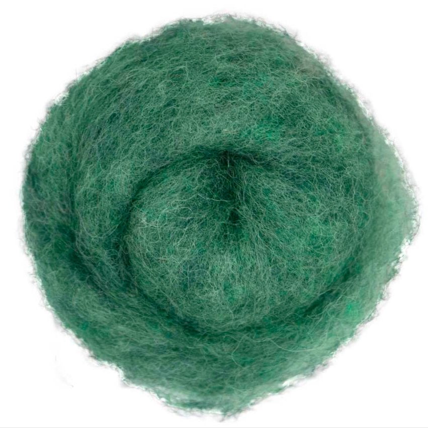 Eucalyptus – Cool muted green melange shade of Maori carded wool with soft blue undertones. 100g felting wool for needle felting, wet felting, and creative crafts. Ideal as a base fibre, firm core, or textured finishing layer.