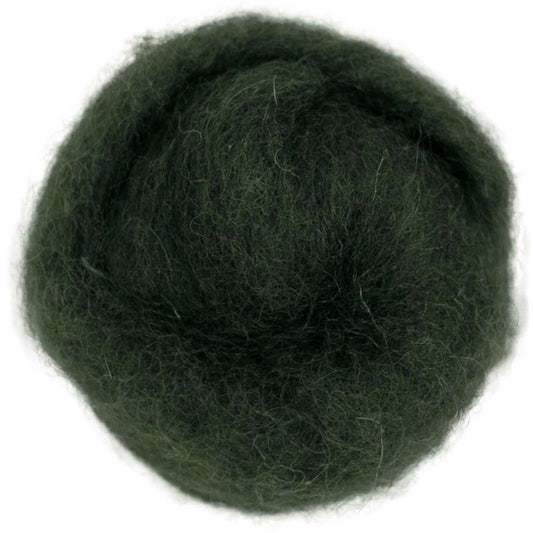 Fir – Cool dark forest green shade of Maori carded wool. 100g wool roving for needle felting, wet felting, and fibre art projects. Perfect for use as a base wool, solid core, or rich finishing layer.