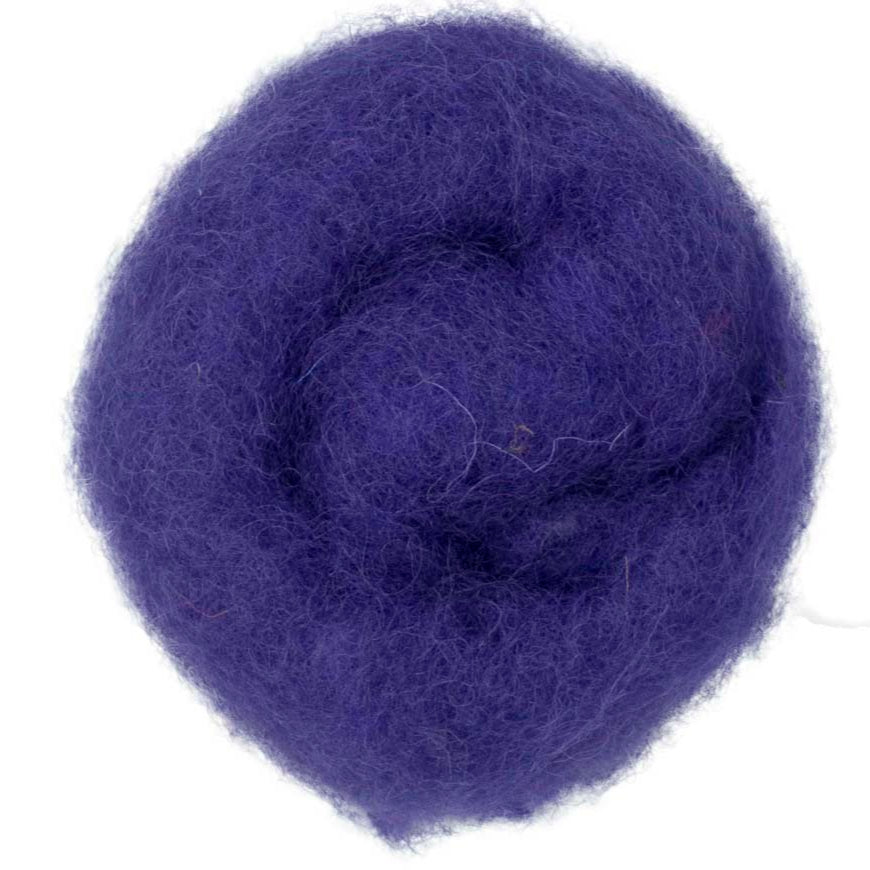 Florence – Jewel-toned purple shade of Maori carded wool with a cool blue undertone. 100g felting fibre for needle felting, wet felting, and spinning. Works well as a base layer, sturdy core, or striking finishing detail.