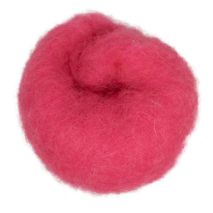 Lipstick – bold red-pink shade of Maori carded wool. 100g felting fibre for needle felting, wet felting, and craft projects. Use as base wool, core fibre, or a smooth finishing layer.