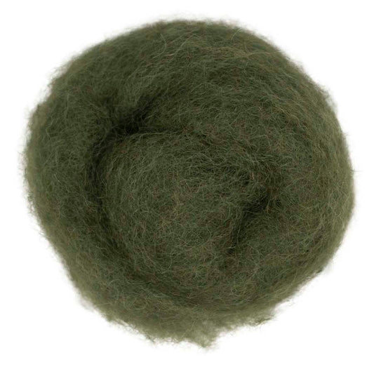 Moss – Deep earthy green shade of Maori carded wool with soft grey undertones. 100g felting fibre for needle felting, wet felting, and craft projects. Can be used as base wool, structural core, or a finishing layer.