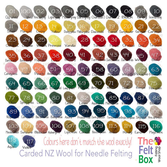 A color chart showing a variety of shades for carded NZ wool batts, with each shade labeled with a code.
