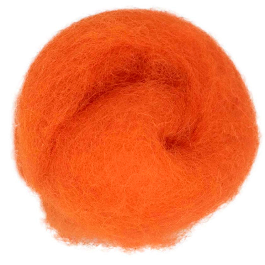 Neon Orange – Bright saturated orange shade of Maori carded wool with vivid intensity. 100g felting fibre for needle felting, wet felting, and craft projects. Ideal as a base wool, solid core, or bold finishing detail.