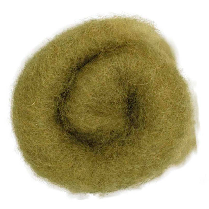Olive – Deep warm green shade of Maori carded wool with golden tones. 100g felting wool for needle felting, wet felting, and mixed media crafts. Works beautifully as a base, structural core, or finishing surface.