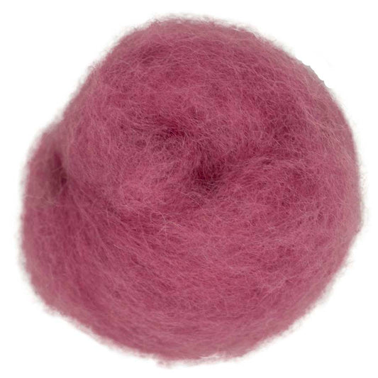 Orchid – Medium purple shade of Maori carded wool with soft red undertones. 100g wool roving for needle felting, wet felting, and fibre art projects. Ideal as a base layer, core structure, or finishing wool.
