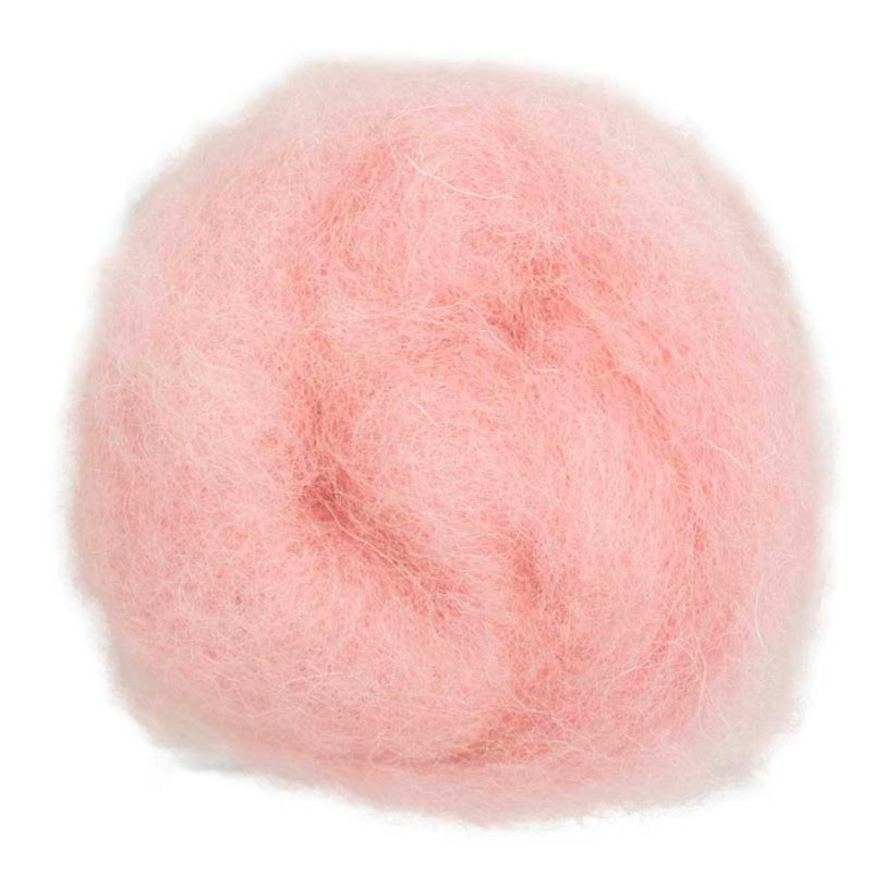 Powder – Airy light pastel pink shade of Maori carded wool. 100g felting wool for needle felting, wet felting, and spinning. Works well as core fibre, base layer, or soft finishing wool in craft projects.