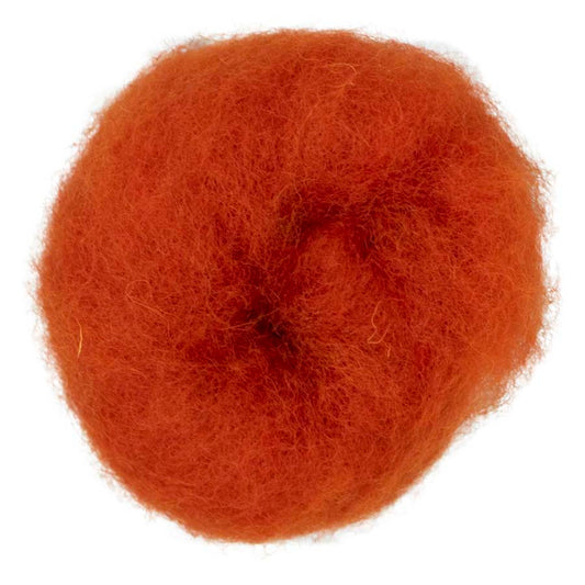 Pumpkin – Bright deep orange shade of Maori carded wool with earthy undertones. 100g felting fibre for needle felting, wet felting, and textile crafts. Excellent as a base wool, dense core, or vibrant finishing layer.