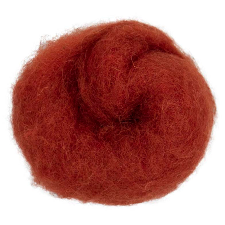 Rust – Classic deep rusty orange shade of Maori carded wool. 100g felting fibre for needle felting, wet felting, and creative fibre crafts. Ideal as a base wool, solid core, or rich finishing layer.