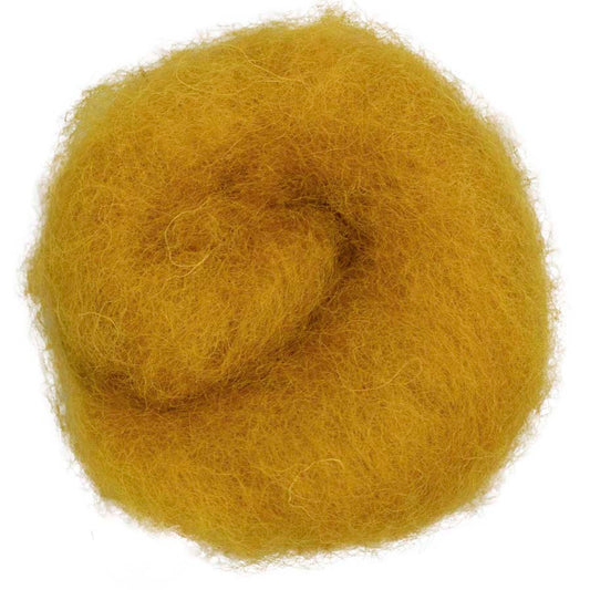 Saffron – Deep golden yellow shade of Maori carded wool with an earthy warmth. 100g felting wool for needle felting, wet felting, and fibre crafts. Perfect as a base layer, core wool, or bright finishing detail.