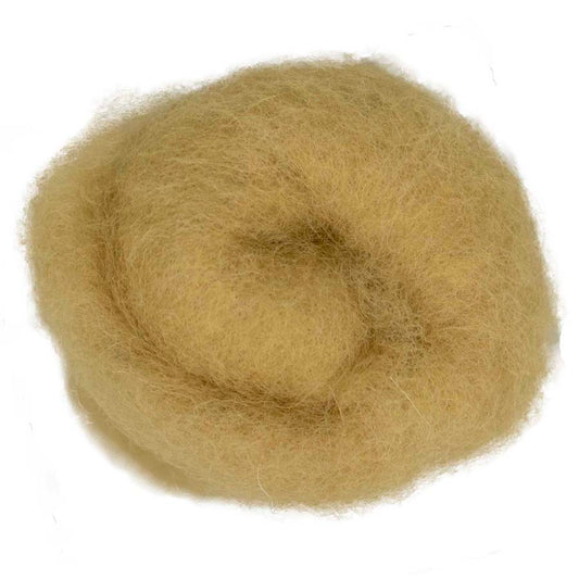 Sage – Pale yellow-green shade of Maori carded wool with a warm earthy tone. 100g wool roving for needle felting, wet felting, and mixed media crafts. Works beautifully as a base fibre, structural core, or soft finishing layer.