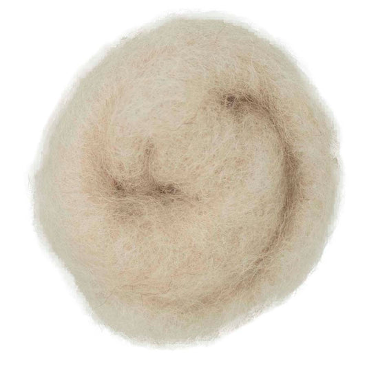 Sand – Light warm beige shade of Maori carded wool, similar to NZ shade #82 Linen. 100g felting fibre for needle felting, wet felting, and craft projects. Can be used as a base layer, core structure, or soft finishing wool.
