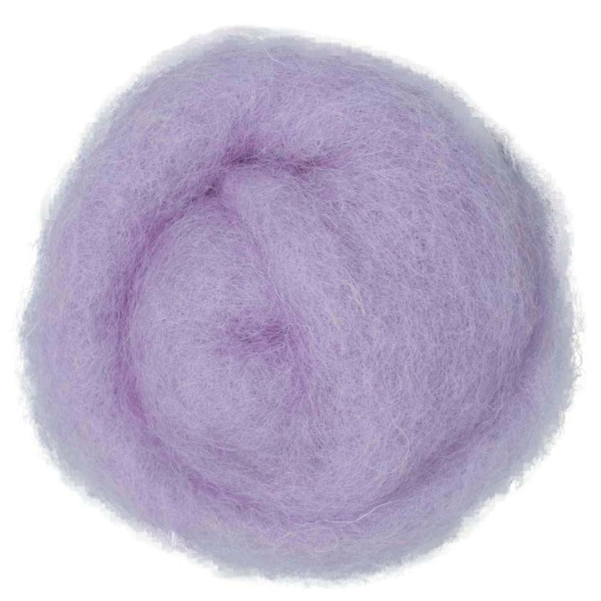 Twilight – Dusty lavender shade of Maori carded wool with a cool undertone. 100g wool roving for needle felting, wet felting, and fibre art. Ideal as a base fibre, strong core, or delicate finishing layer.