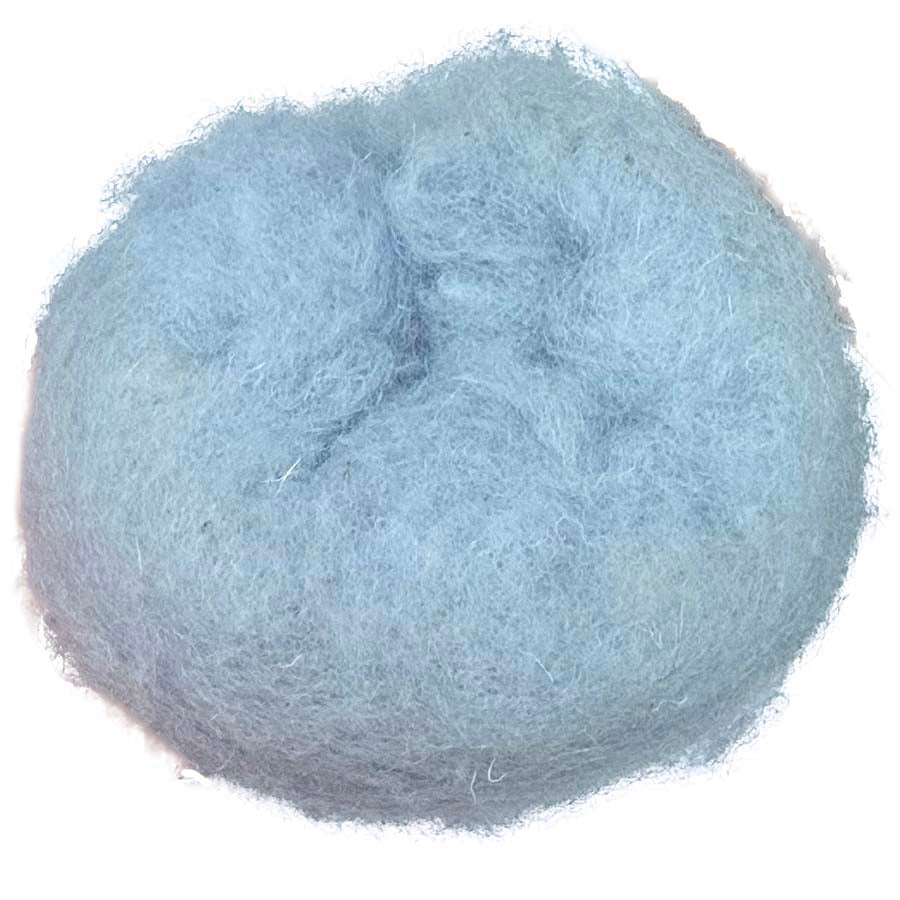 Ball of light blue carded wool  with a label the felt box on a white background