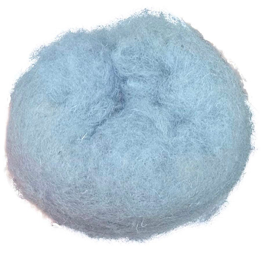 Ball of light blue carded wool  with a label the felt box on a white background