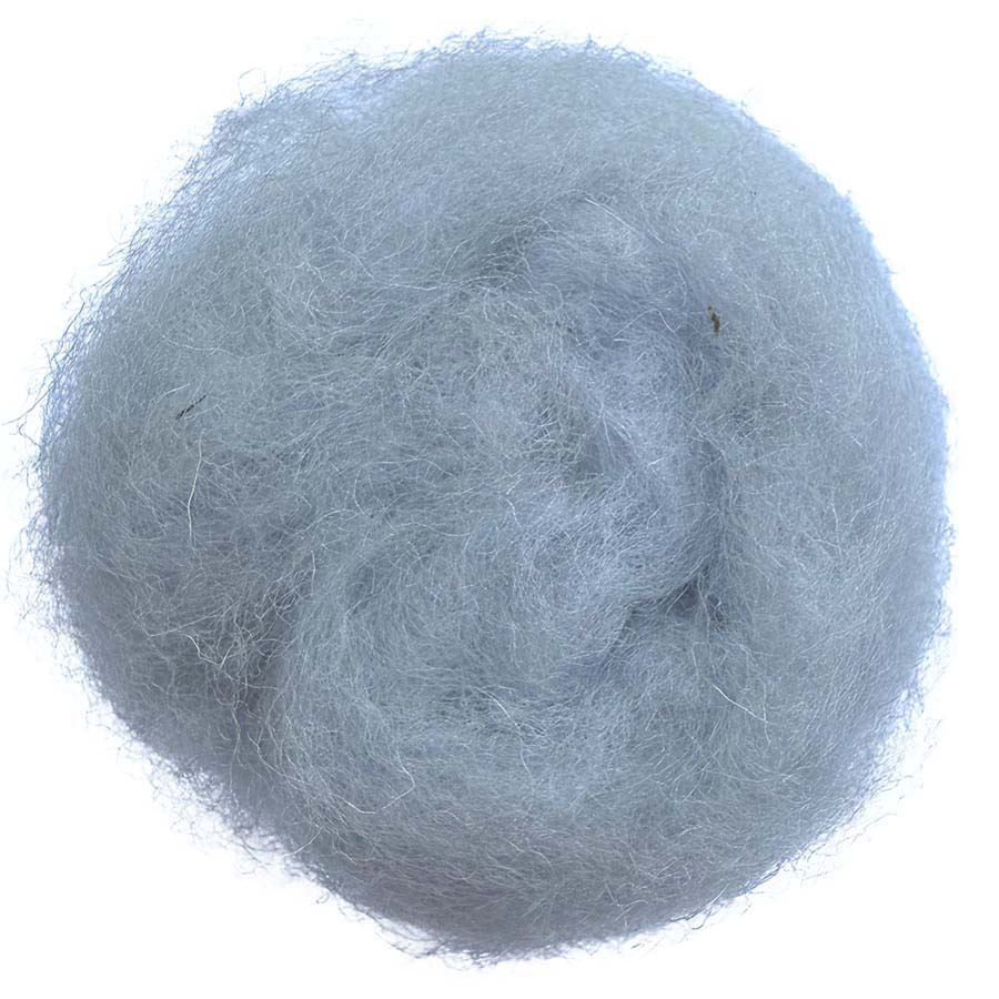 Ball of light blue carded wool with a label the felt box on a white background