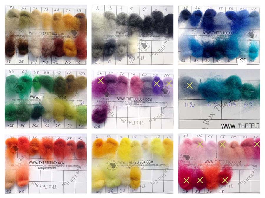 a photo of real wool samples of carded nz range to help with colour selection