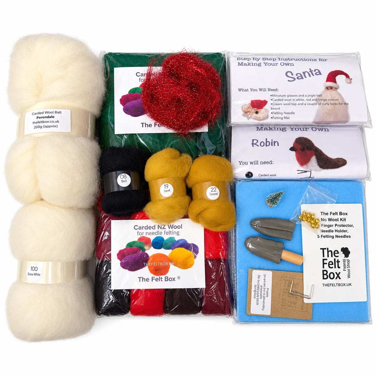 Christmas beginner needle felting bundle by The Felt Box – kit contents with Santa and Robin guides, wool and tools