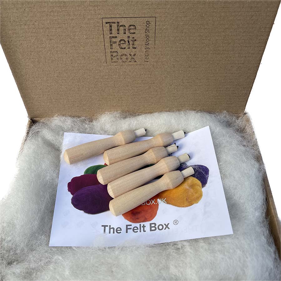 5 wooden felting needle holders with the felt box logo