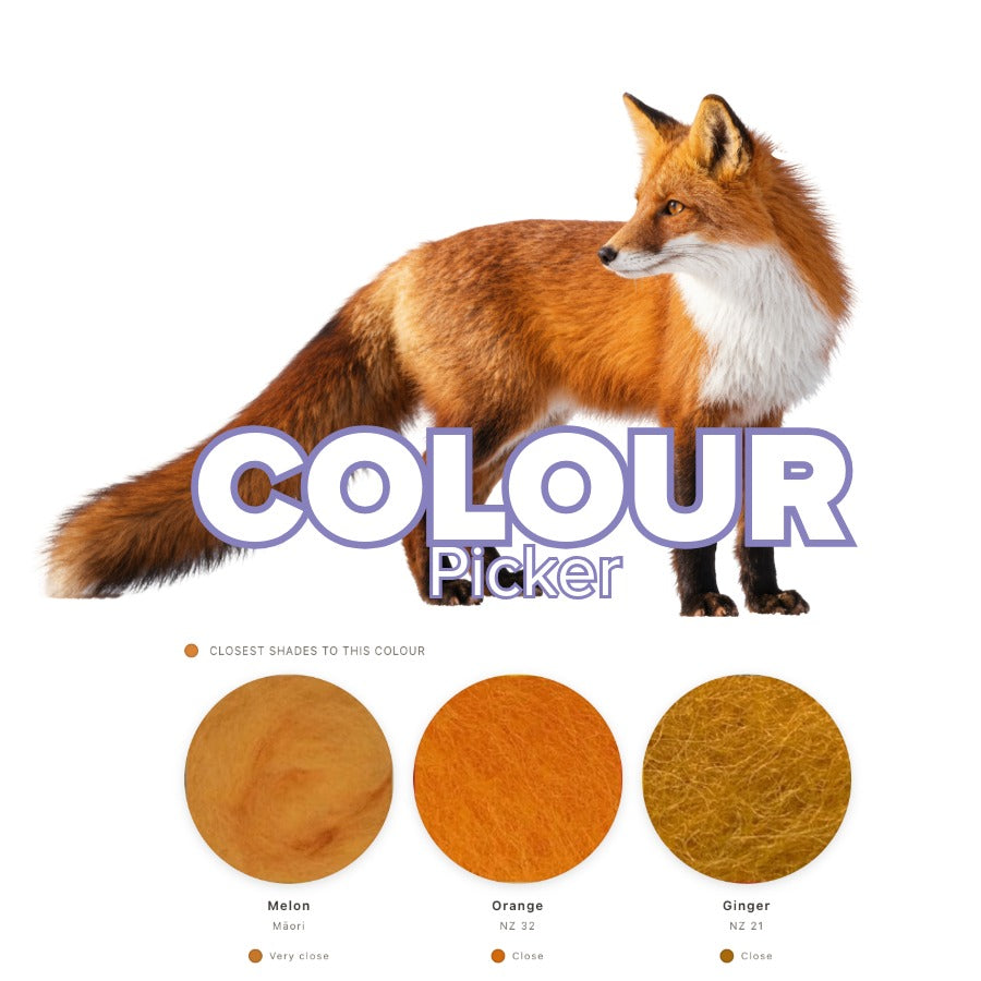 Colour Picker showing a fox and its closest matching Felt Box wool shades