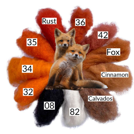 A collection of carded felting wool in shades of orange and brown, labelled with color names and codes, surrounding two small fox figures.