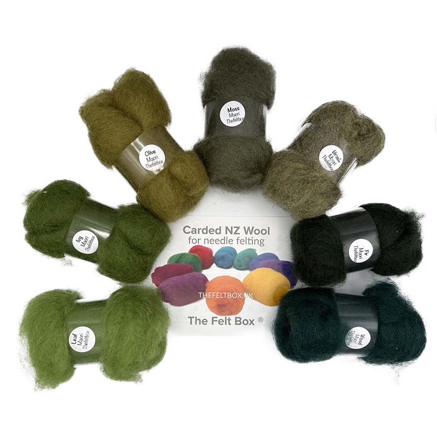 Green rainbow carded Maori wool shade pack, 7 x 20g