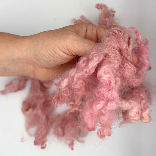 Pink Leicester Longwool locks held in hand to show curls and texture