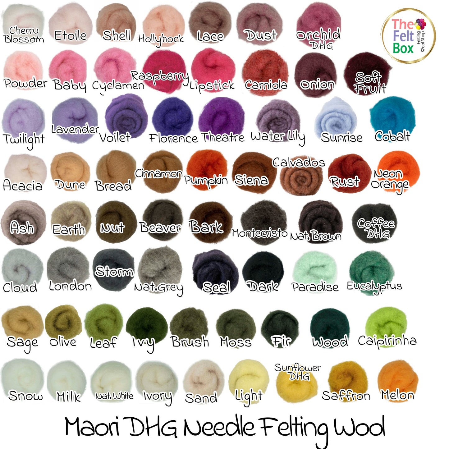 Color swatches of Maori DHG Needle Felting Wood with names labeled