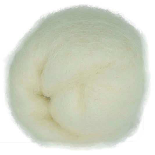Natural off-white shade of Maori carded wool with soft grey undertones. 100g wool roving for needle felting, wet felting, and fibre crafts. Ideal as a base layer, firm core, or smooth finishing wool.