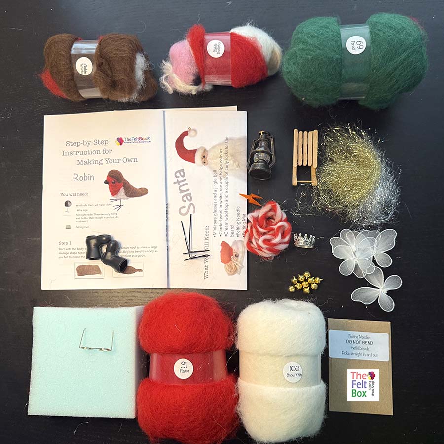 christmas kit needle felting showing content:- robin bird kit, santa kit, miniature sleigh lantern, felting needles, crown, jingle bells